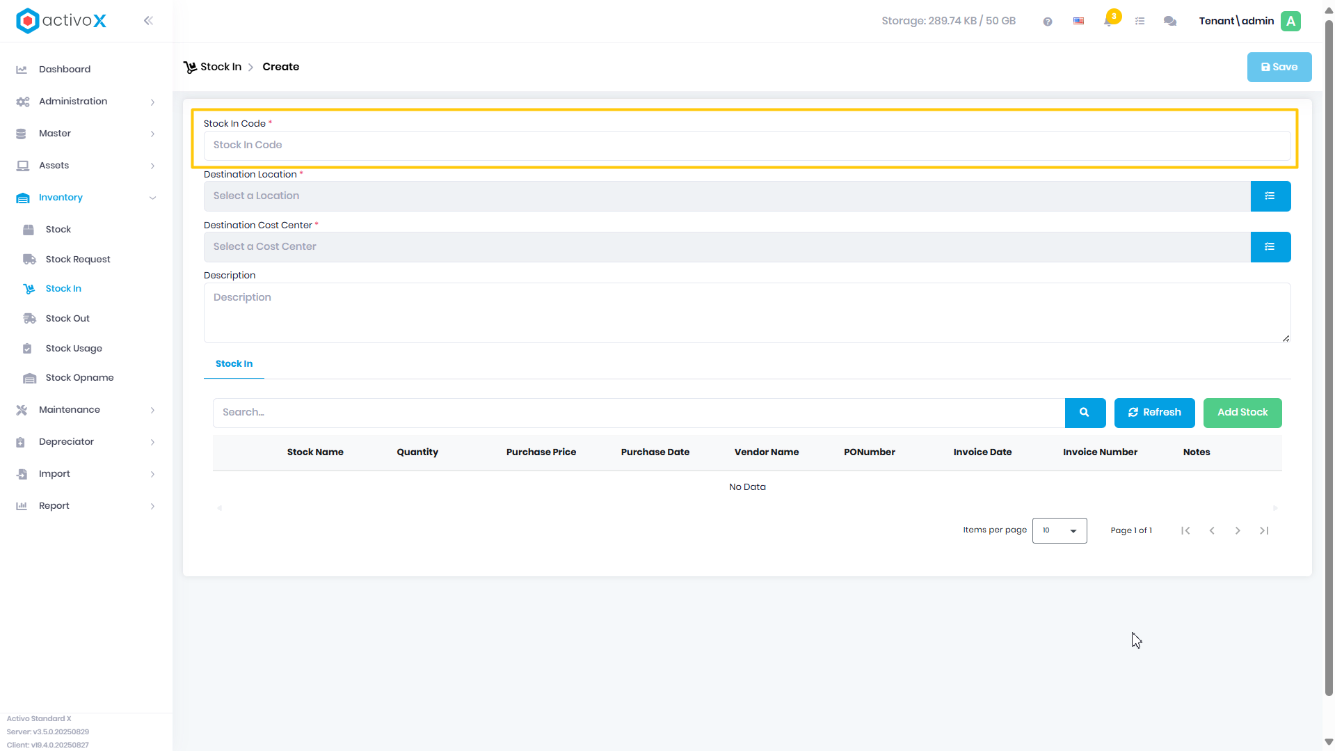 Create Stock In