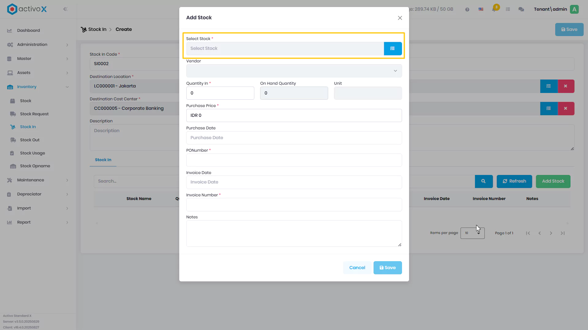 Create Stock In