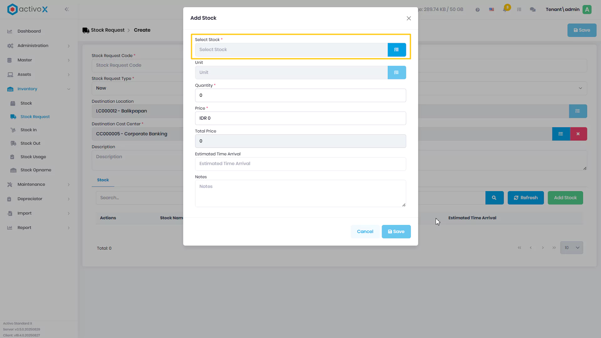 Create Stock Request