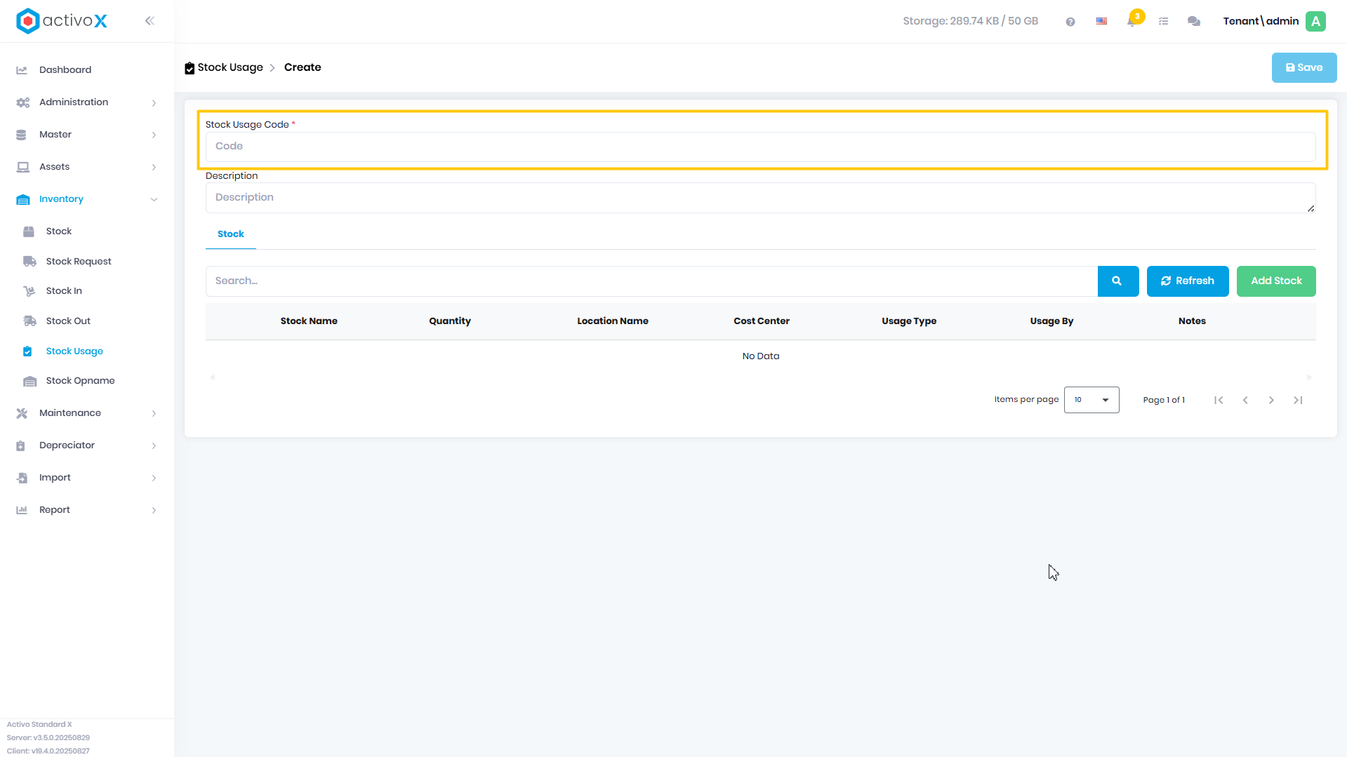 Create Stock Usage