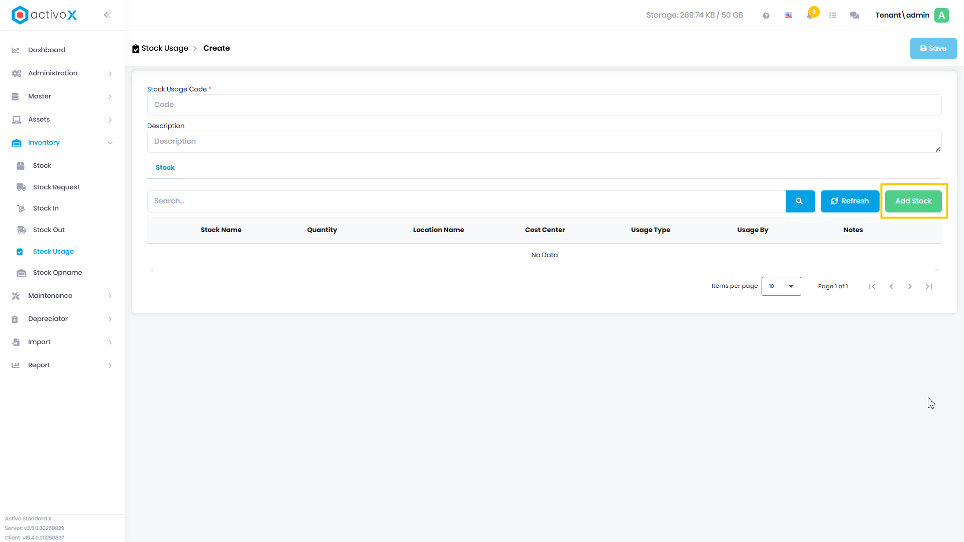 Create Stock Usage
