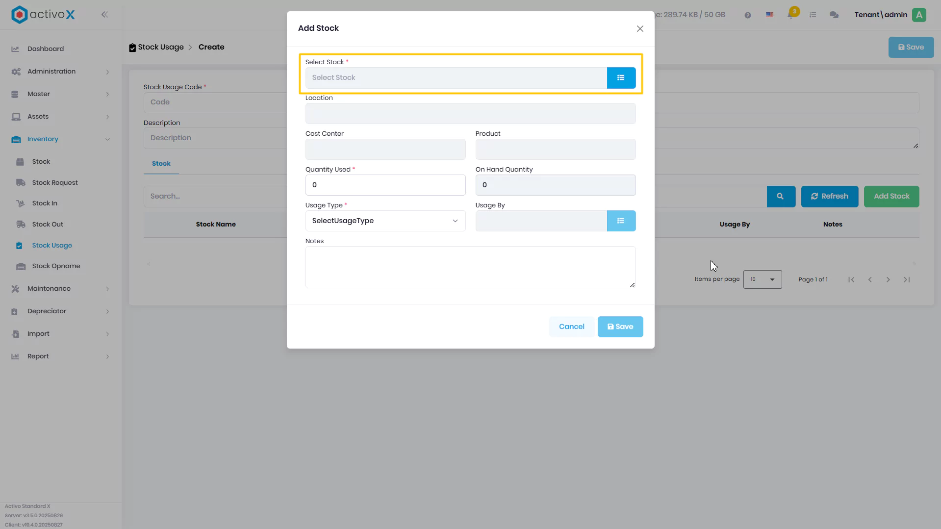 Create Stock Usage