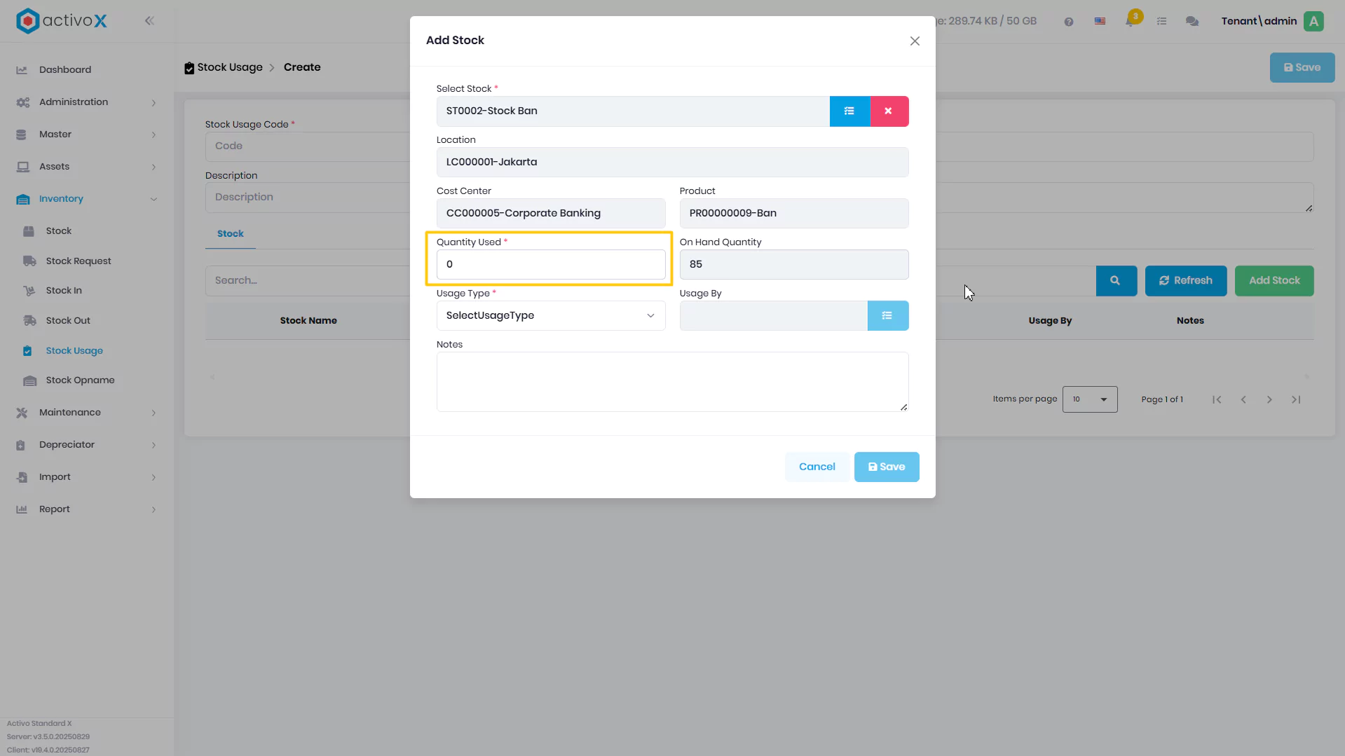 Create Stock Usage