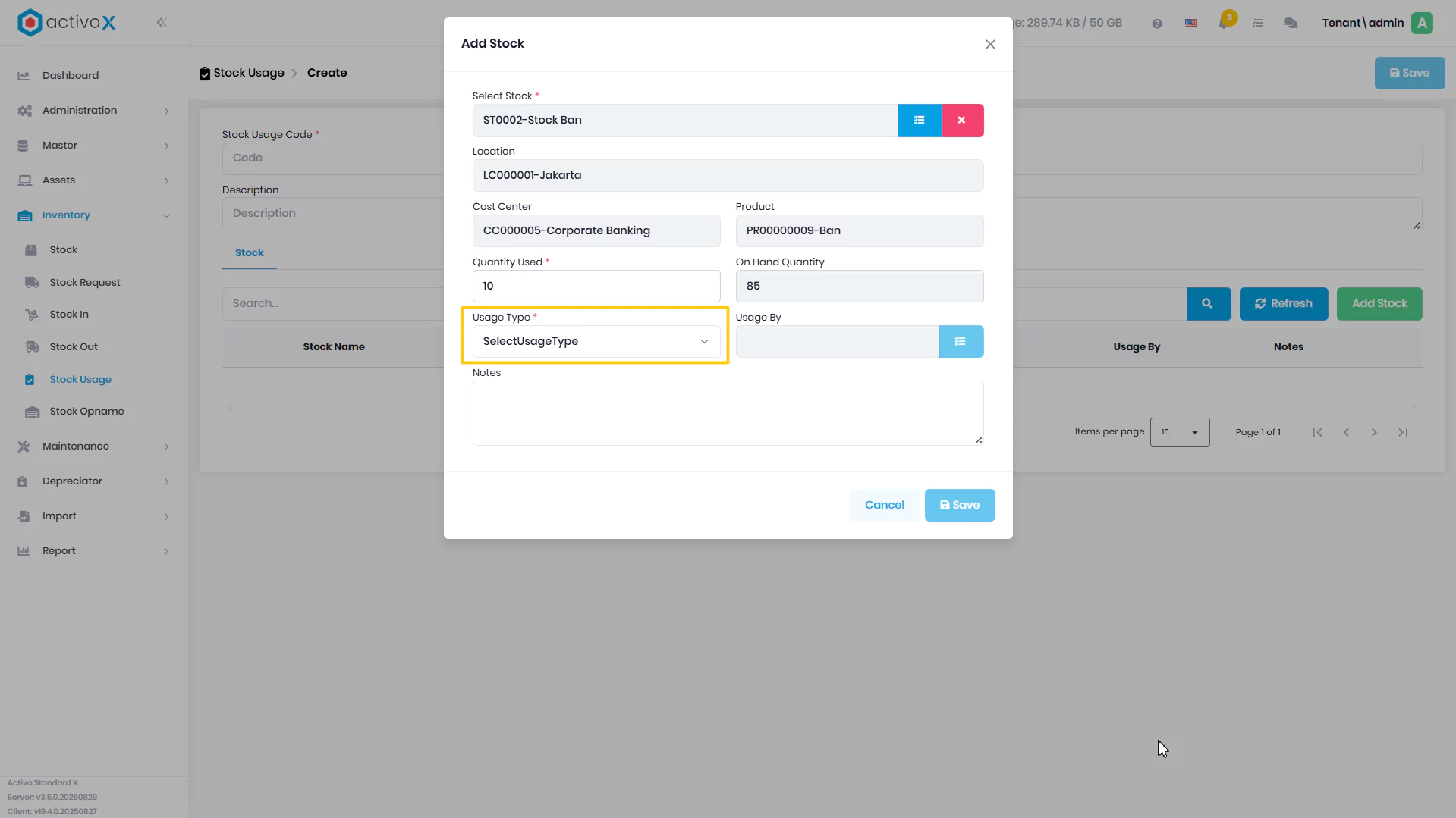 Create Stock Usage