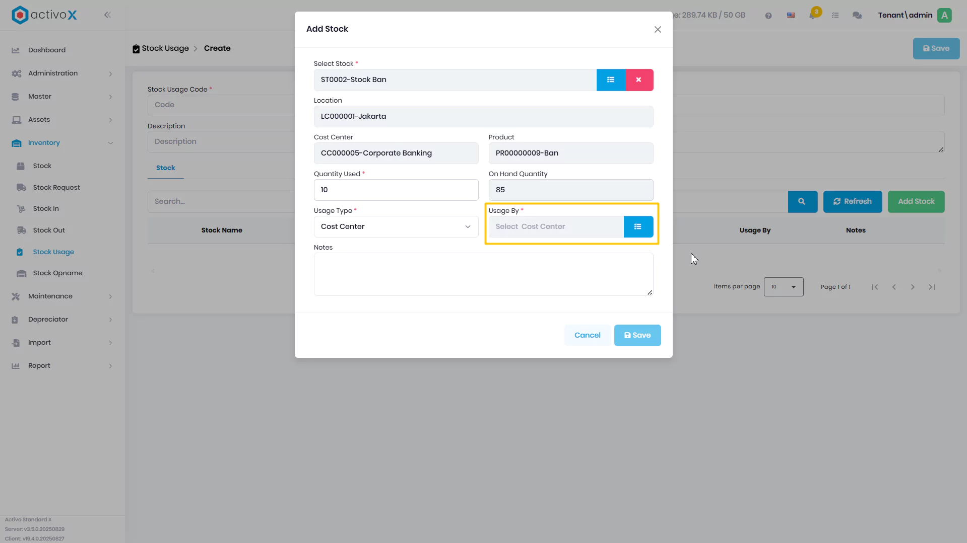 Create Stock Usage