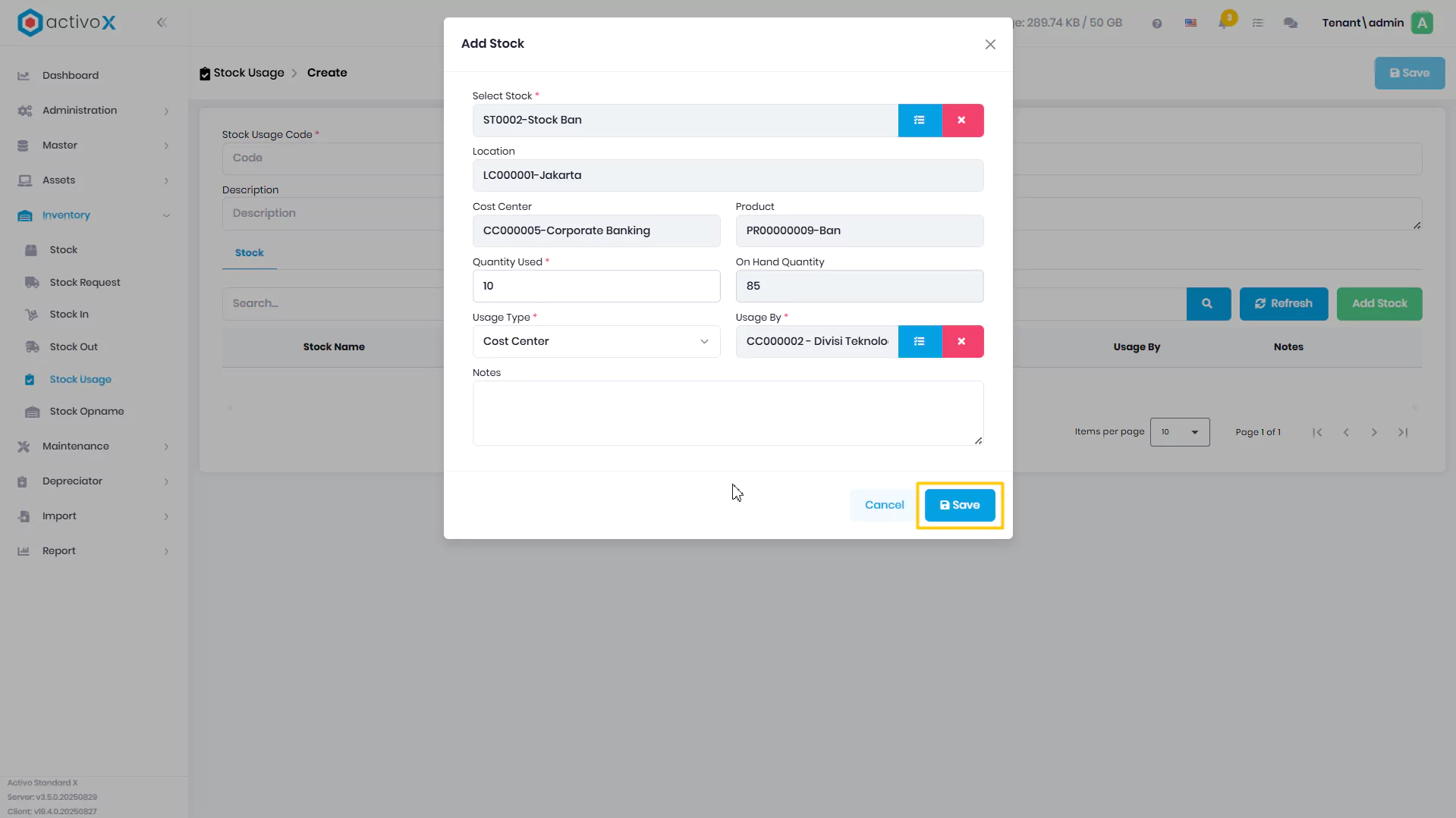 Create Stock Usage