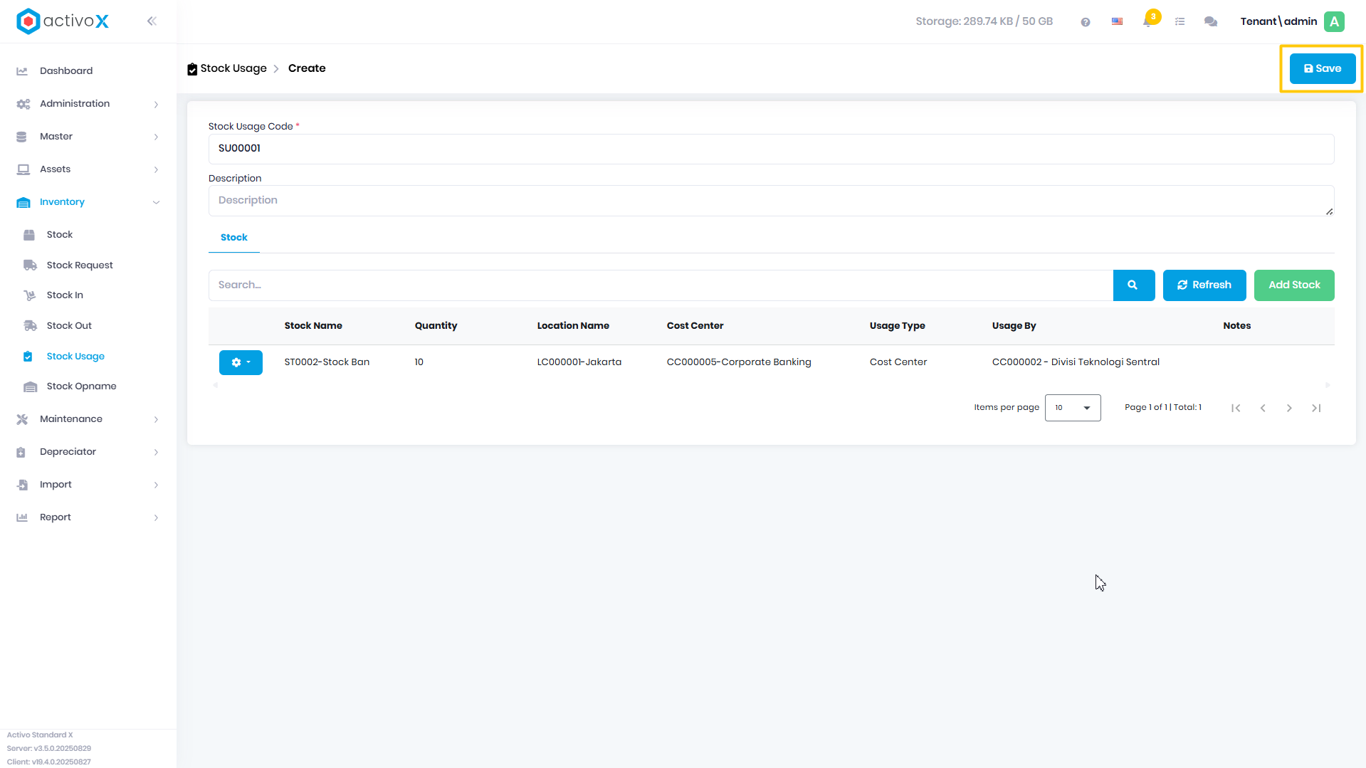 Create Stock Usage