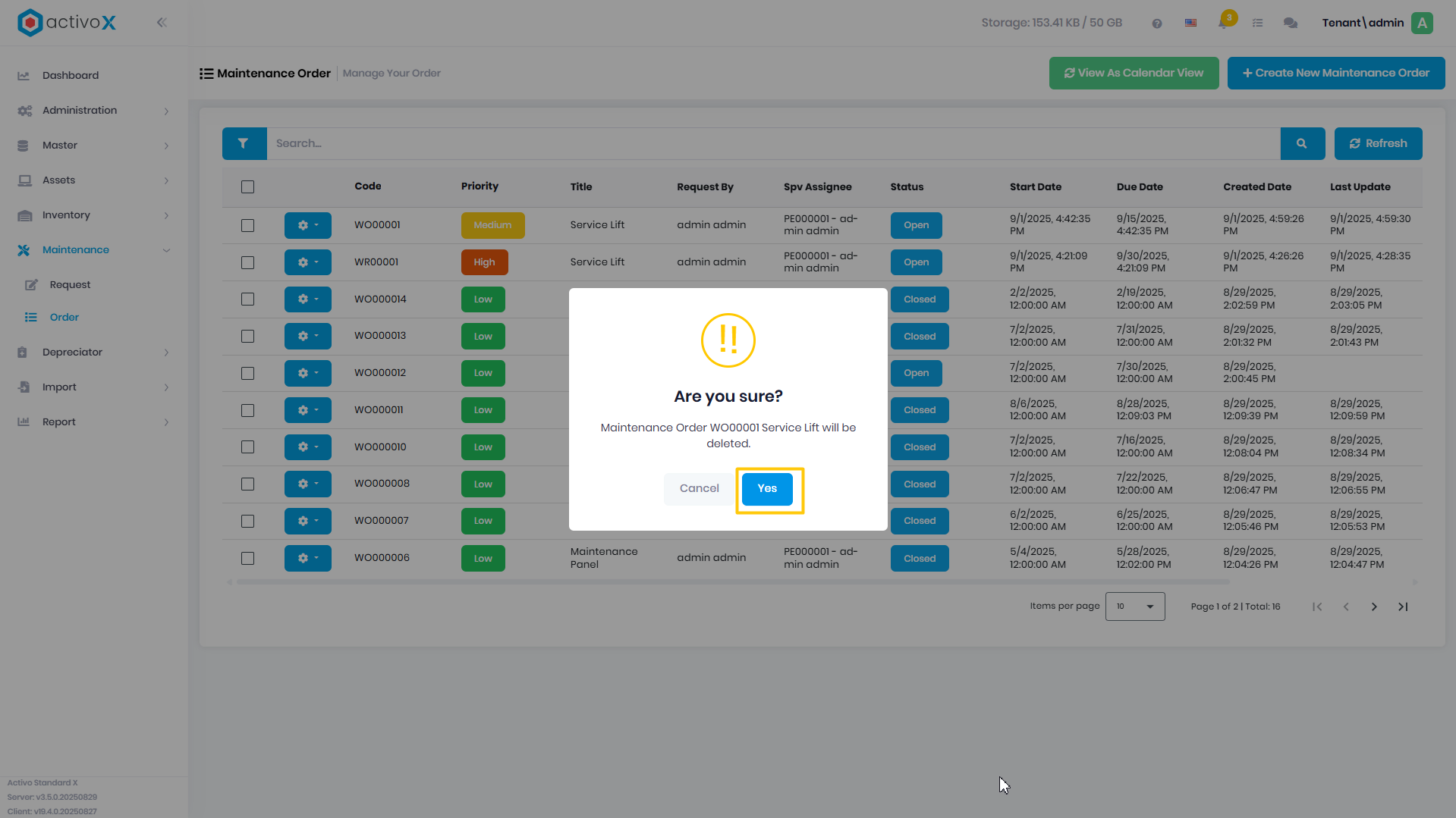 Delete Maintenance Order