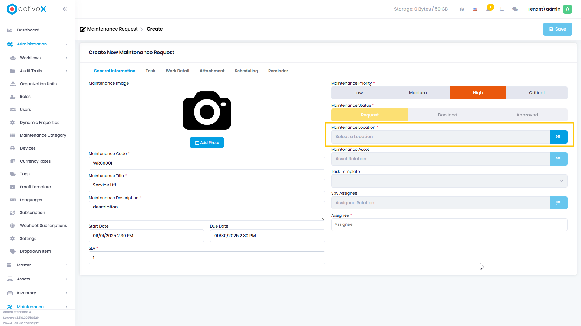 Create Maintenance Request