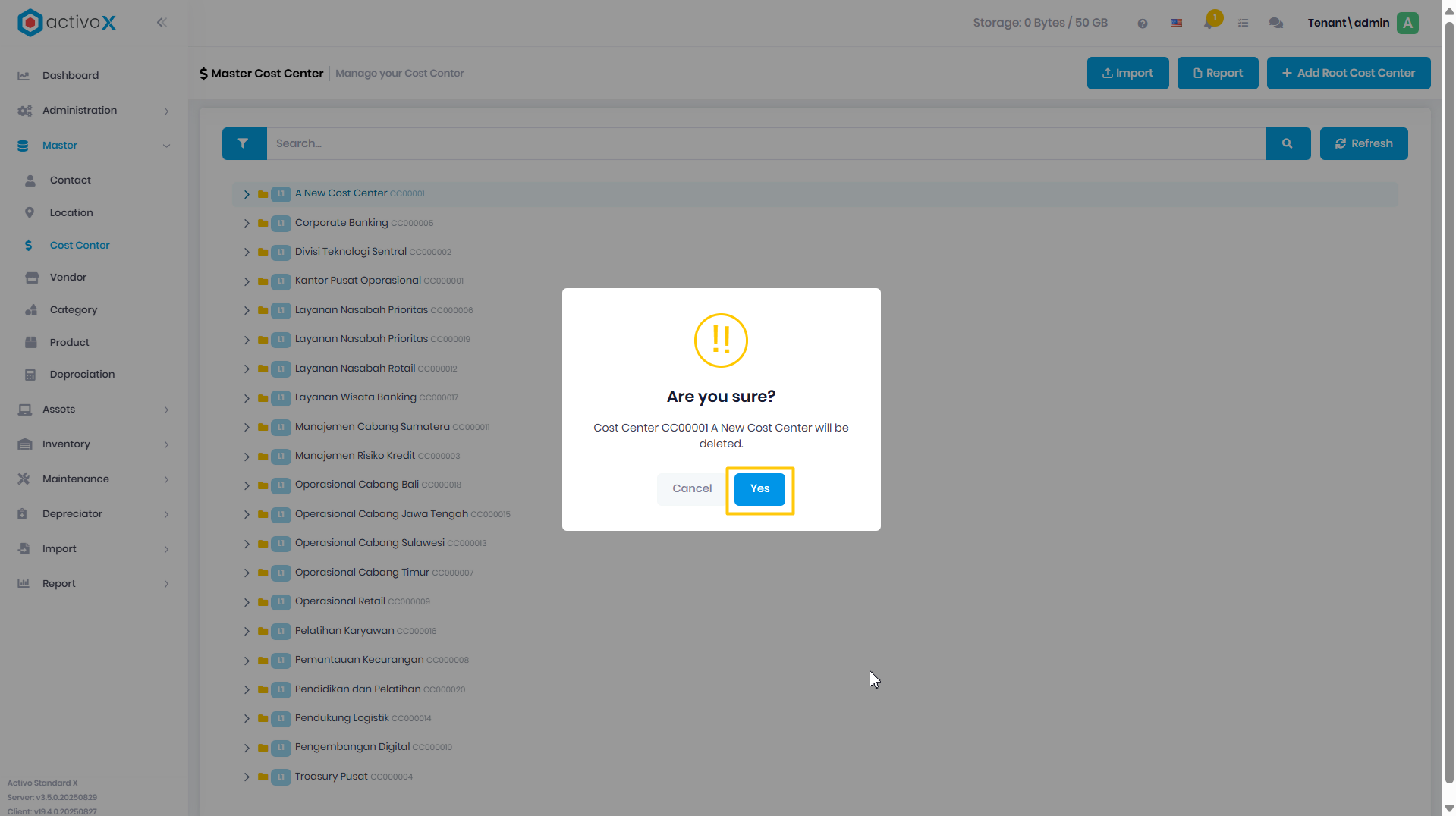 Delete Cost Center